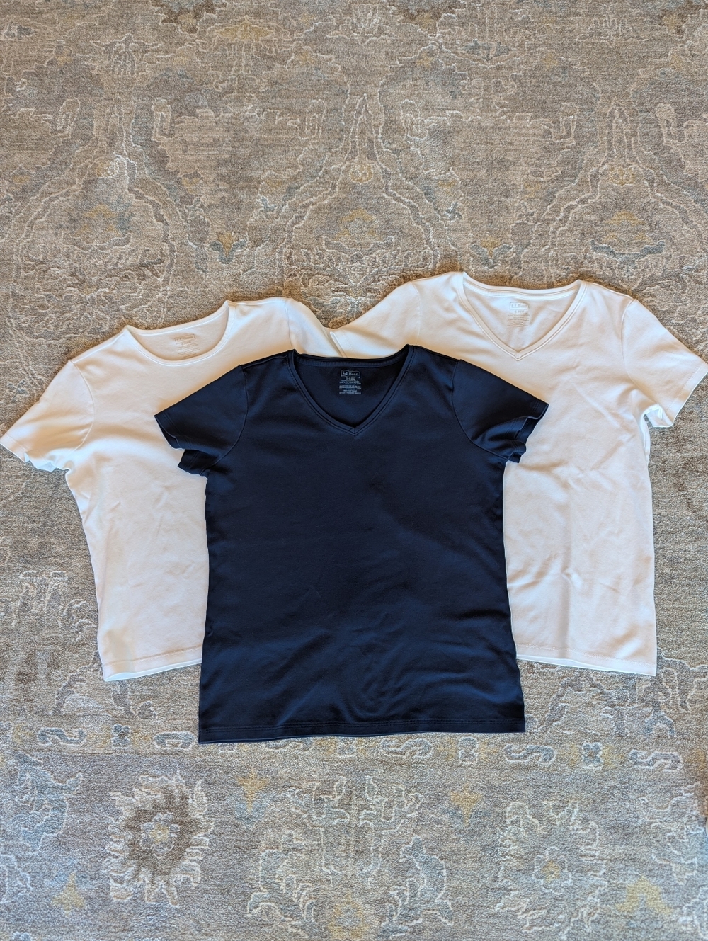 L.L.Bean 3 Pack Tee Bundle Supima Cotton White Navy V Neck Crewneck Basics